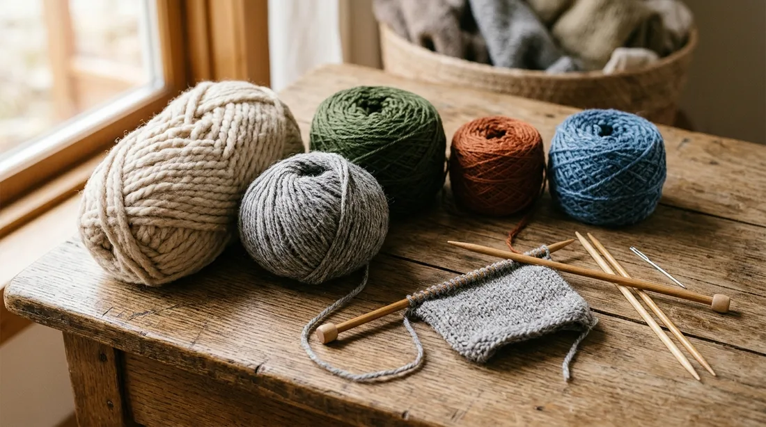 Knäuel in verschiedenen Garnstärken neben Stricknadeln und einer Maschenprobe