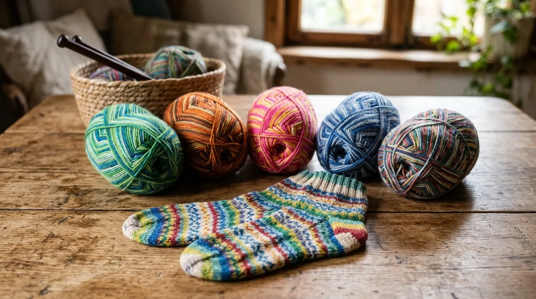 Mehrere Knäuel bunt gemusterter Sockenwolle und ein fertig gestricktes Paar Socken auf einem Holztisch