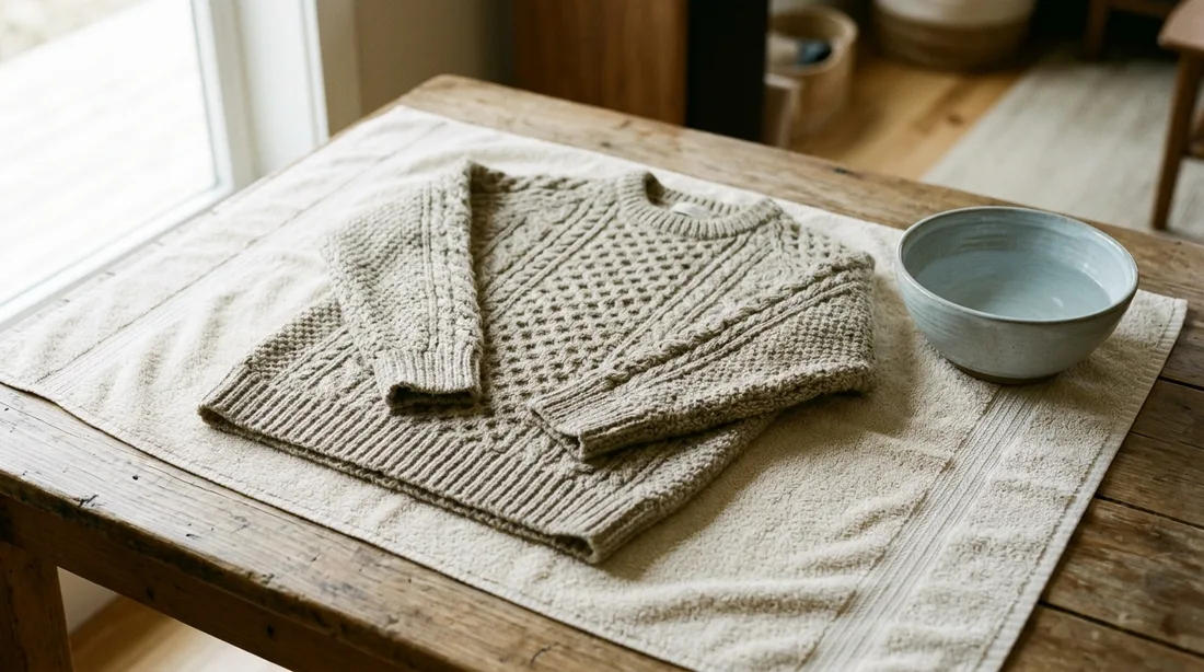 Handgestricktes Wollstück liegt flach zum Trocknen auf einem Handtuch