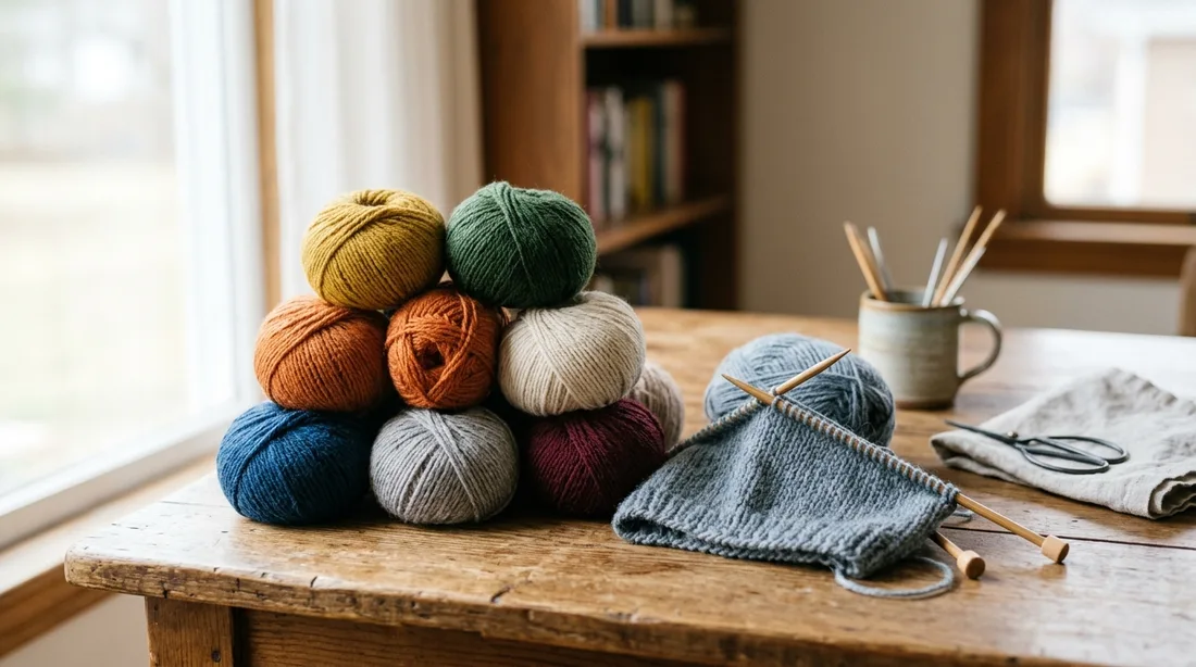 Gestapelte Knäuel neben einem angefangenen Strickstück als Mengenabschätzung